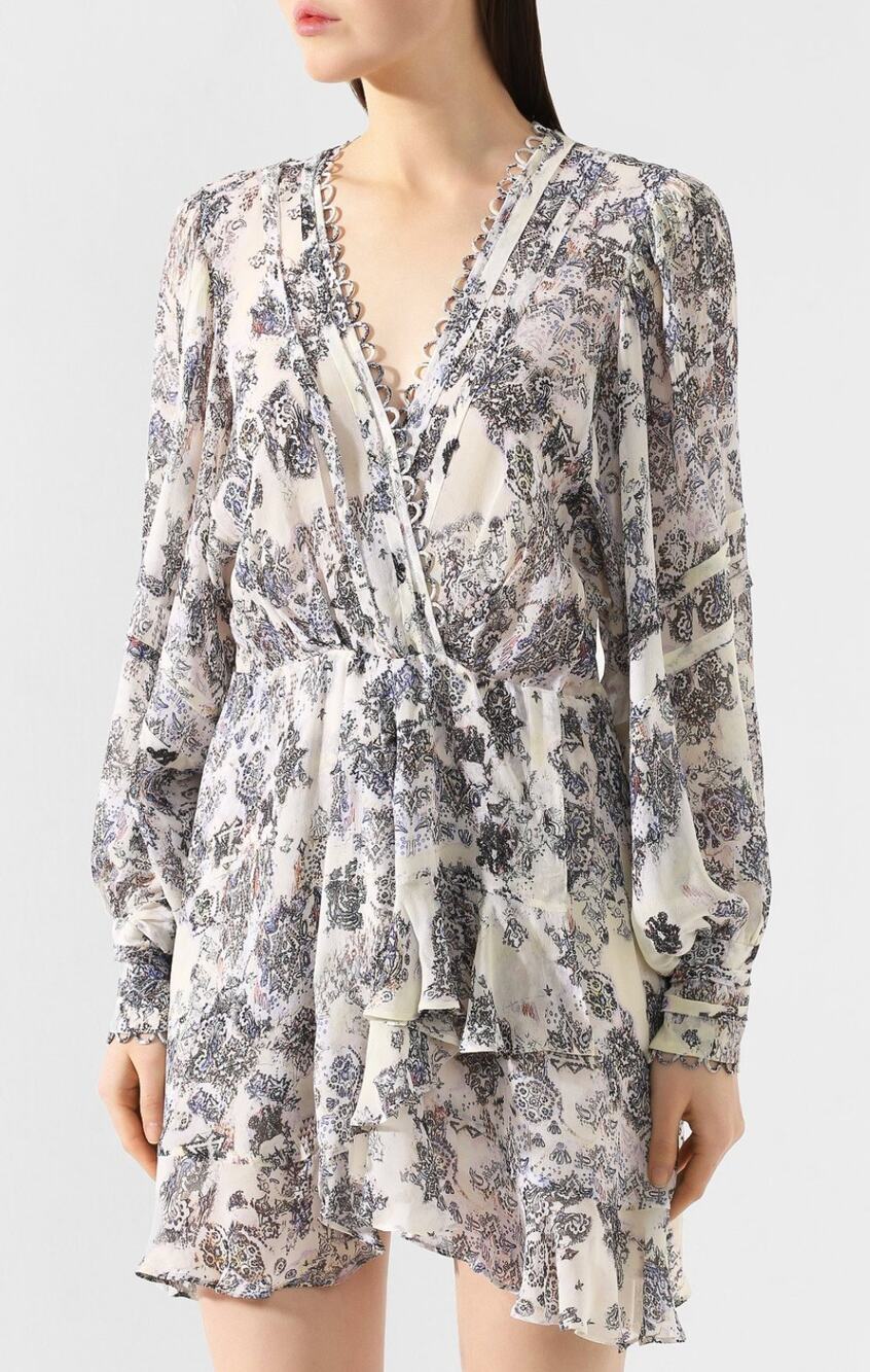 IRO Patchak Mini Dress Womens 38 US 6 Yellow Chiffon Long Sleeve Printed Ruffle